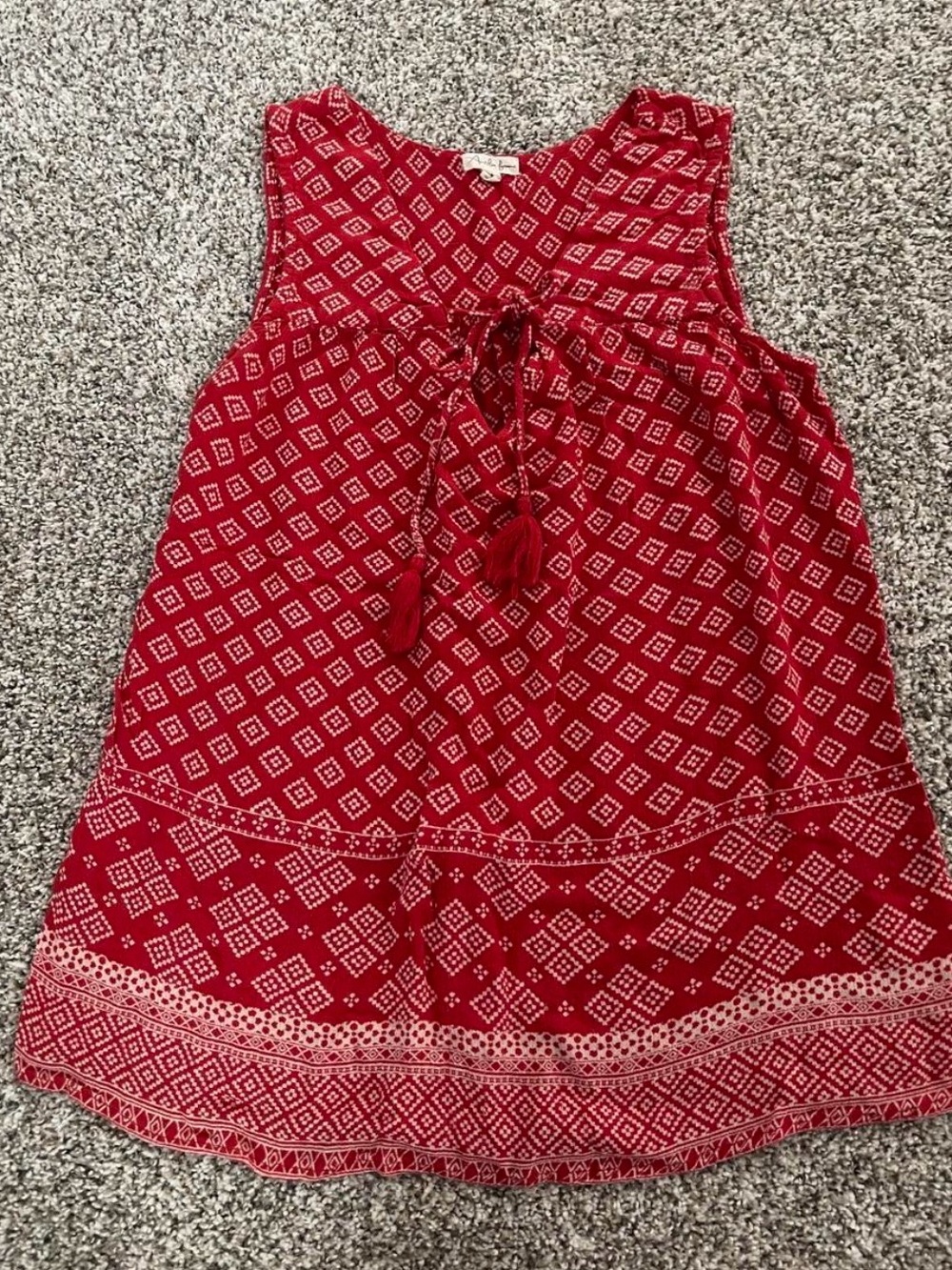 Antilia Femme Red Geometric Print Tassel Tank